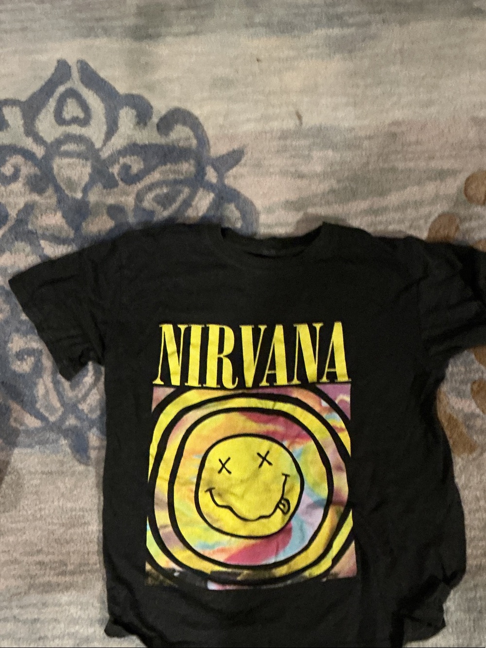 NIRVANA Black Tee with Yellow Tie-Dye Smiley